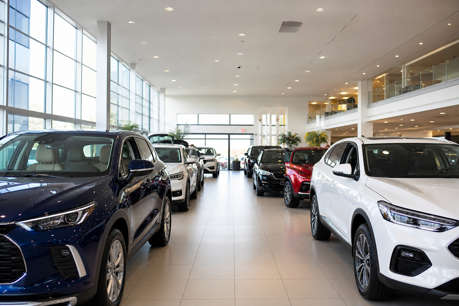 Modern car dealership showroom with new vehicles on display