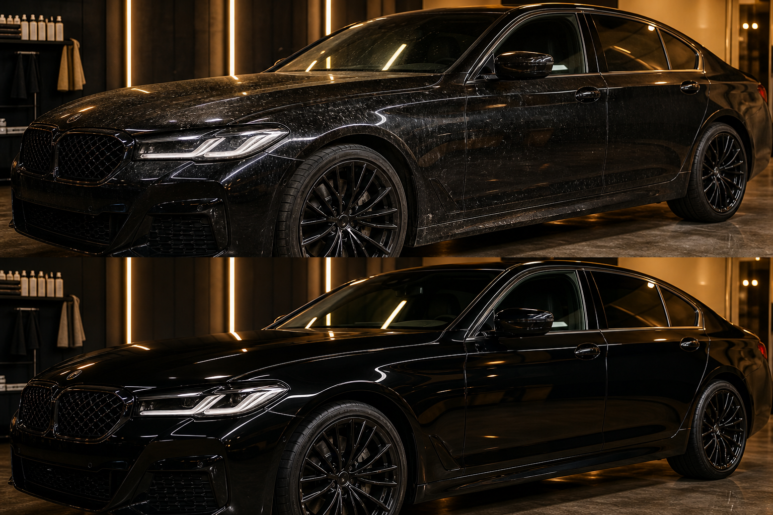 Ceramic coating application on a luxury vehicle with mirror-like finish