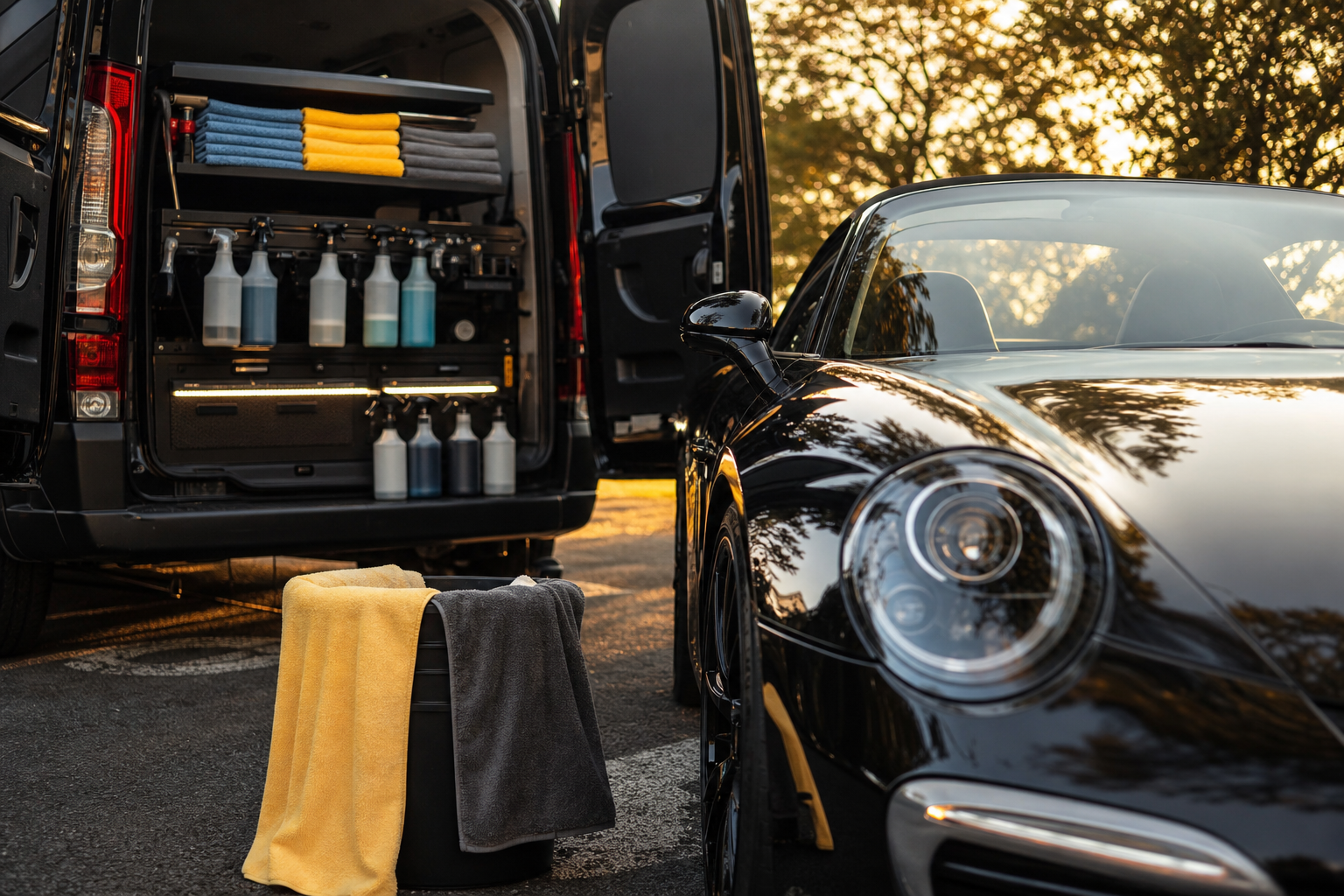 Mobile detailing van set up at a customer's driveway