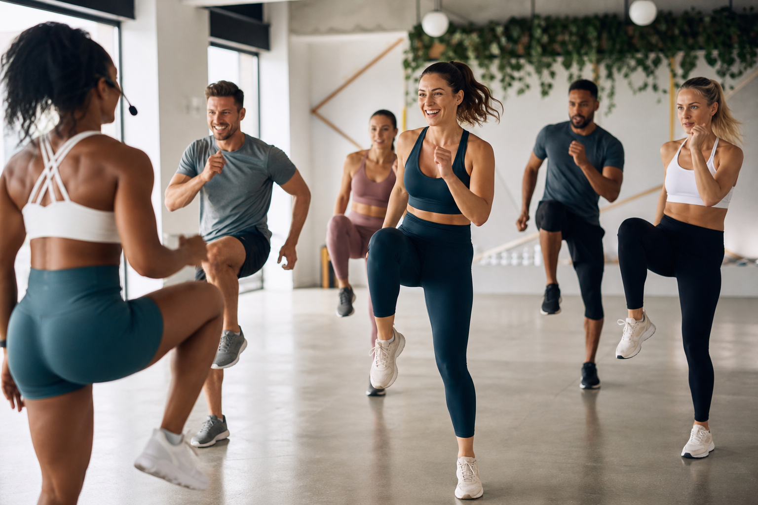High-energy group fitness class with instructor leading members