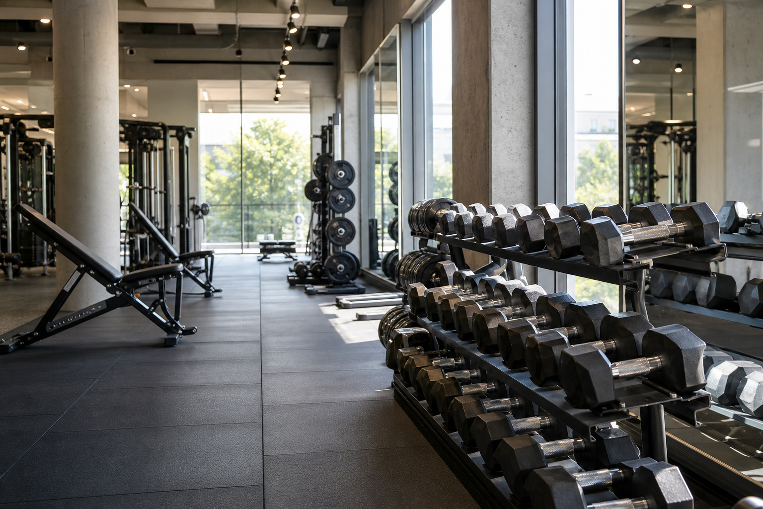 Members training on the gym floor with free weights and equipment