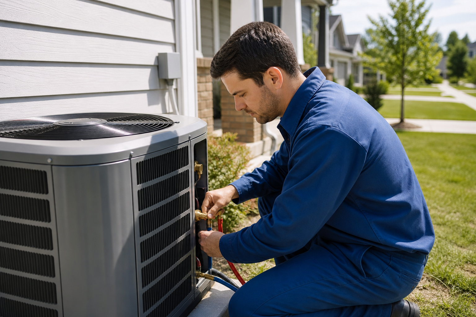 HVAC technician installing a central air conditioning unit on a suburban home