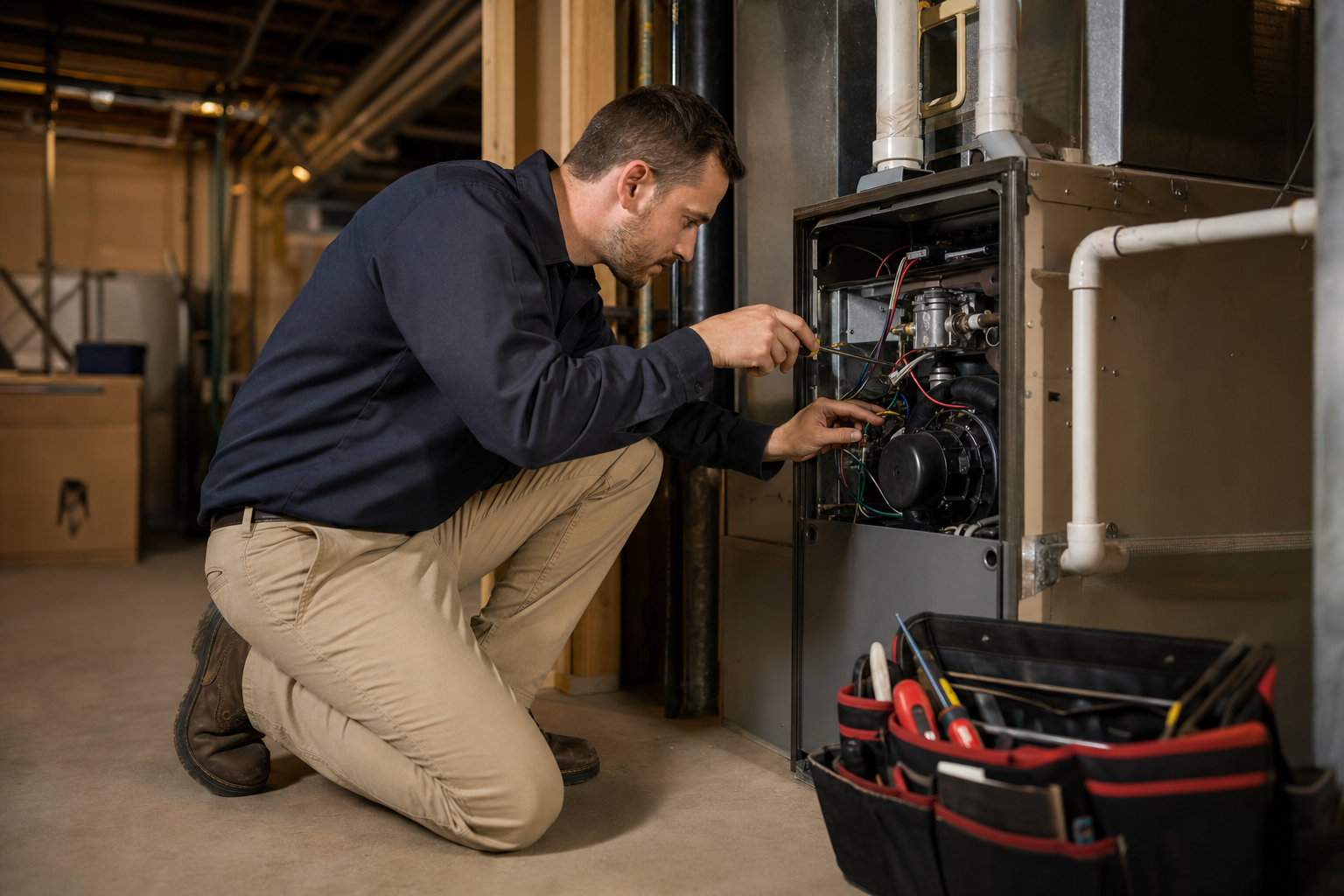 HVAC technician servicing a residential furnace in a home basement