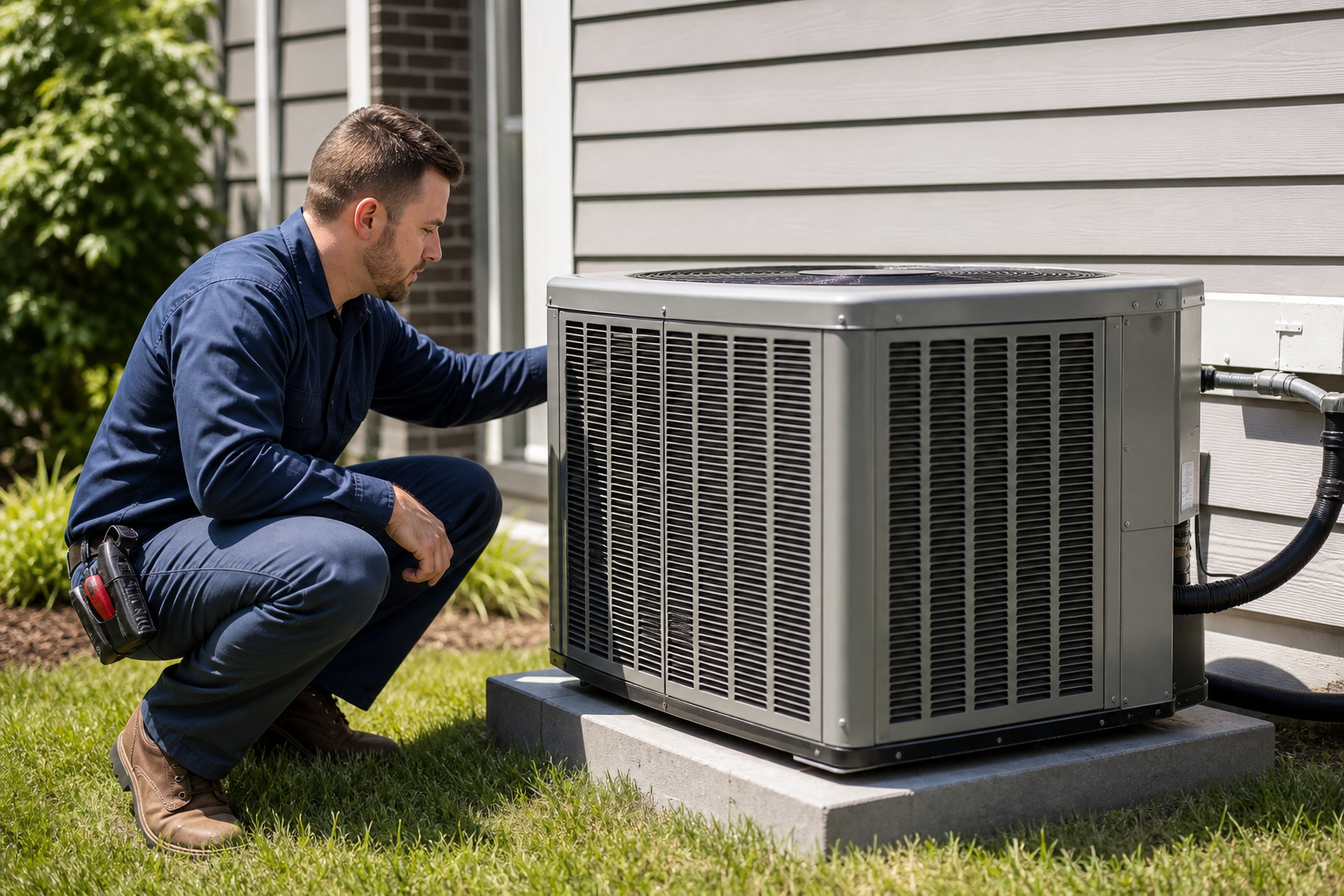 HVAC technician inspecting outdoor condenser unit during summer maintenance