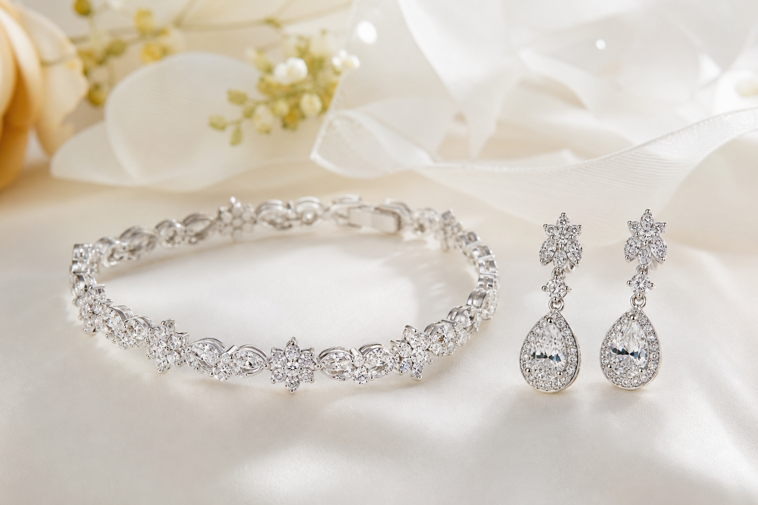 Complete bridal jewelry set with necklace, earrings, and tiara