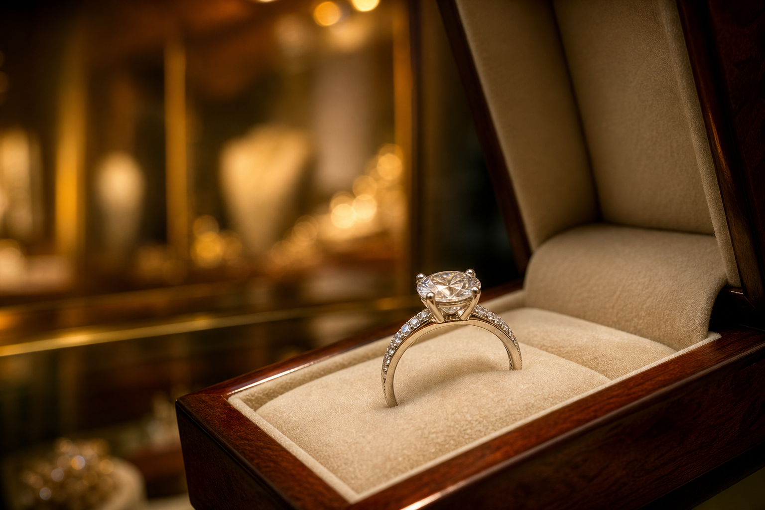 Brilliant-cut diamond engagement ring on velvet display