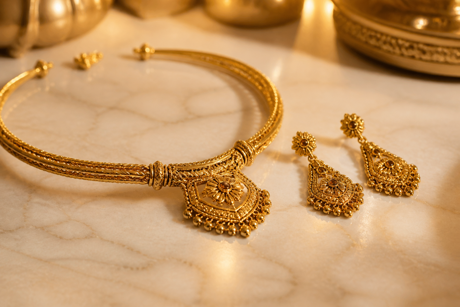 Layered gold necklace collection on cream silk backdrop