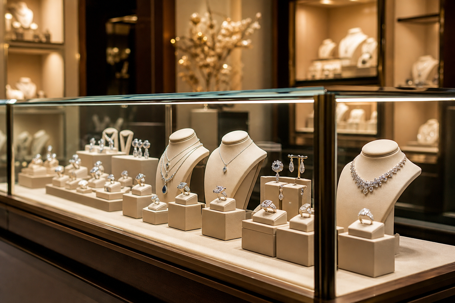 Luxury jewelry showroom display with illuminated glass cases