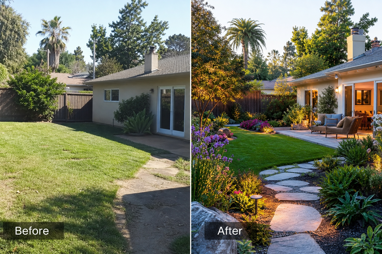 Before and after backyard landscape renovation