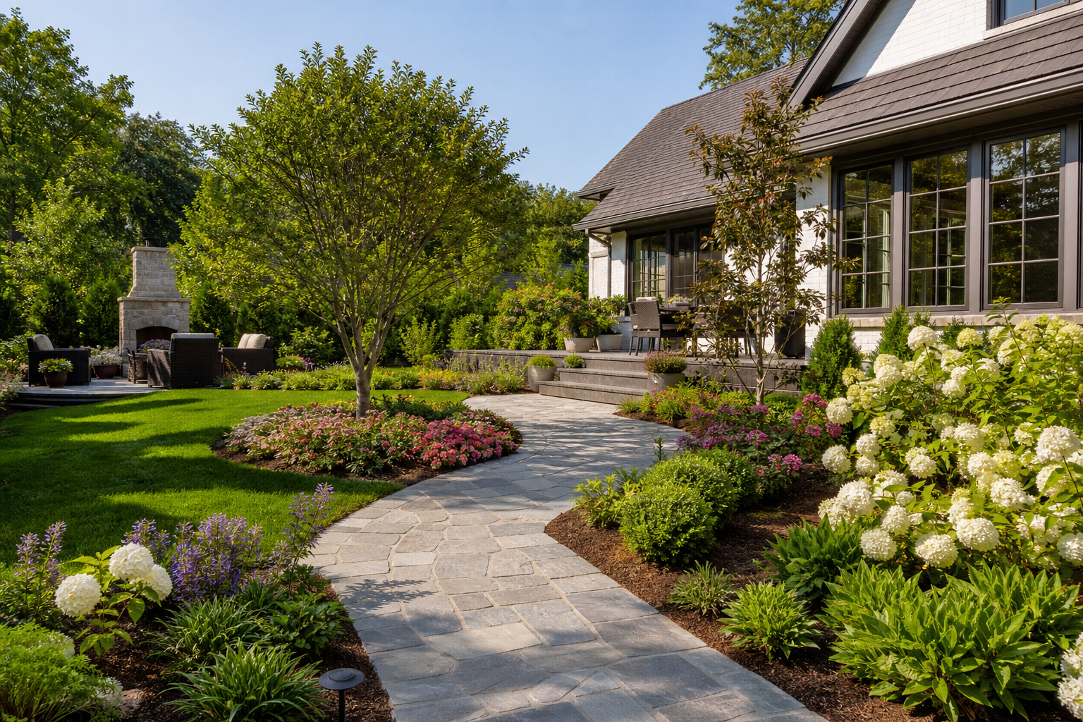 Completed residential landscape garden with lawn and flowering beds