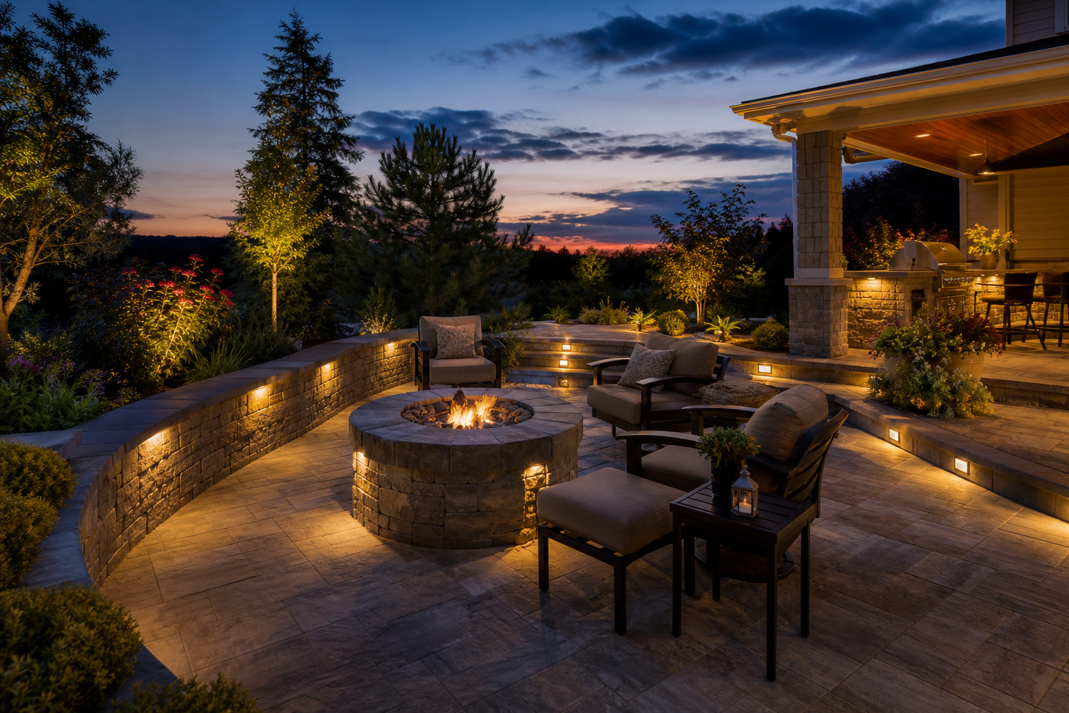 Stone patio with retaining wall and outdoor lighting at dusk