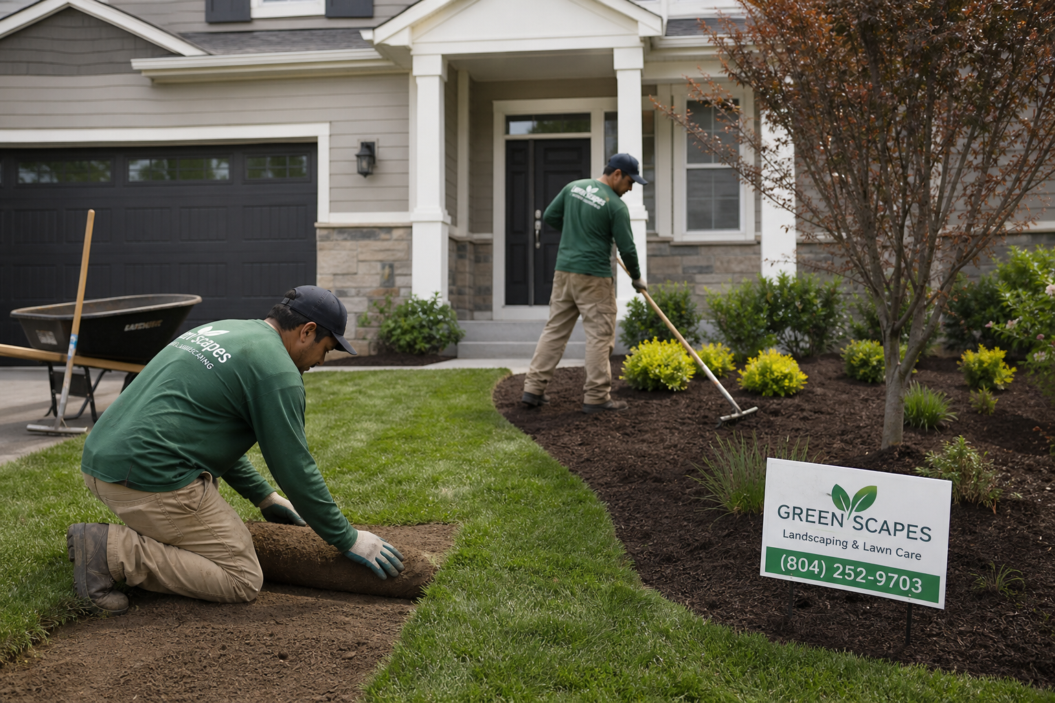 Landscapers installing sod and mulch in a suburban front yard