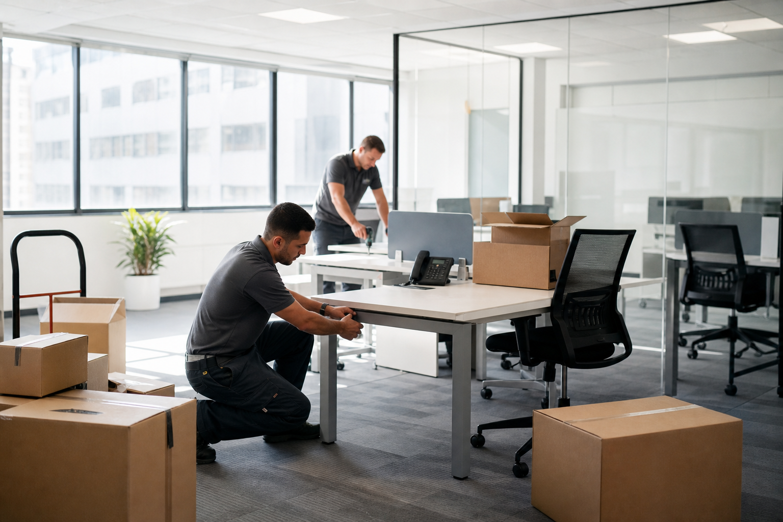 Office relocation with movers setting up desks in a modern commercial space