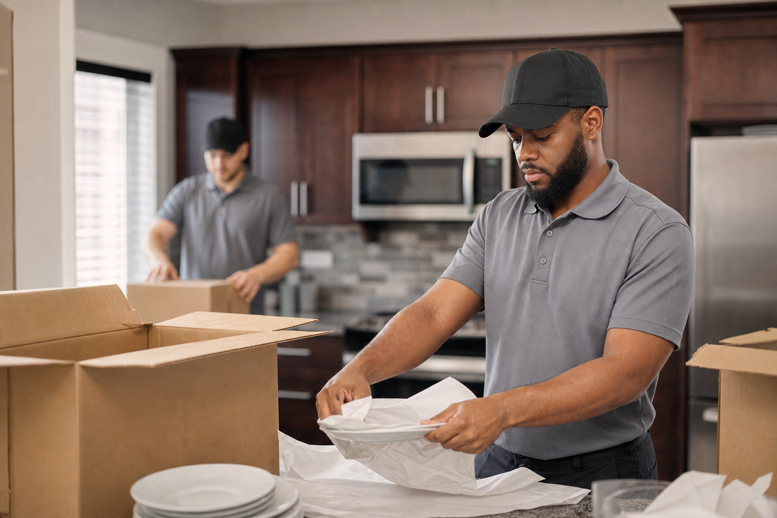 Professional packers carefully wrapping dishes and packing boxes in a home kitchen