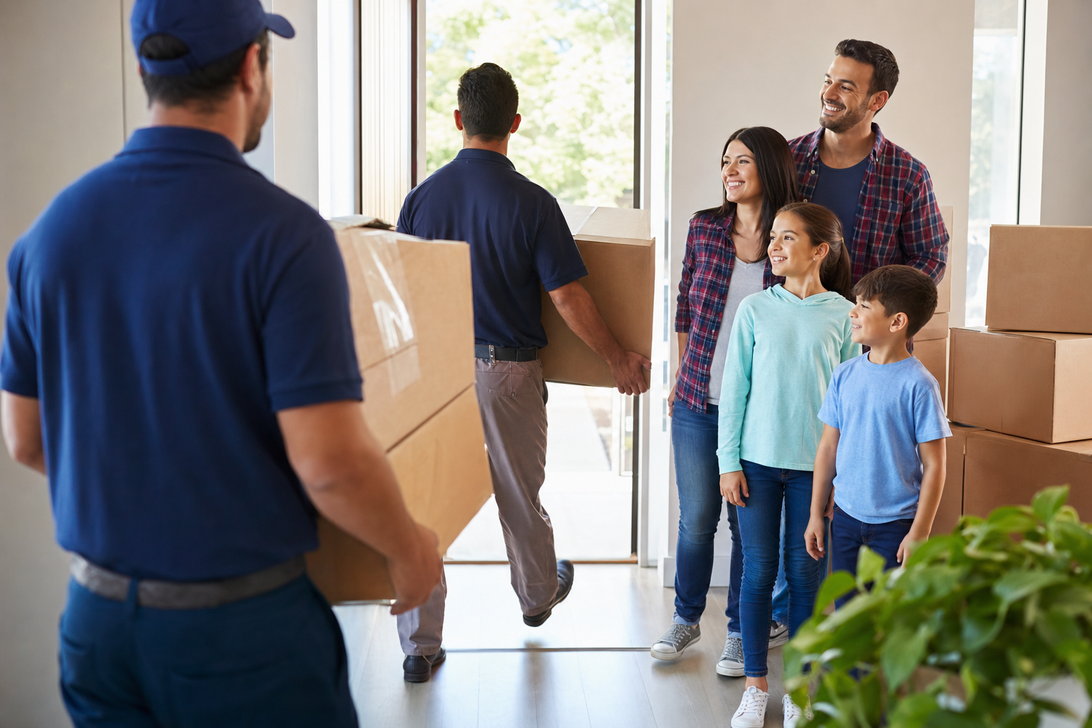 Happy family watching movers carry boxes into their new home