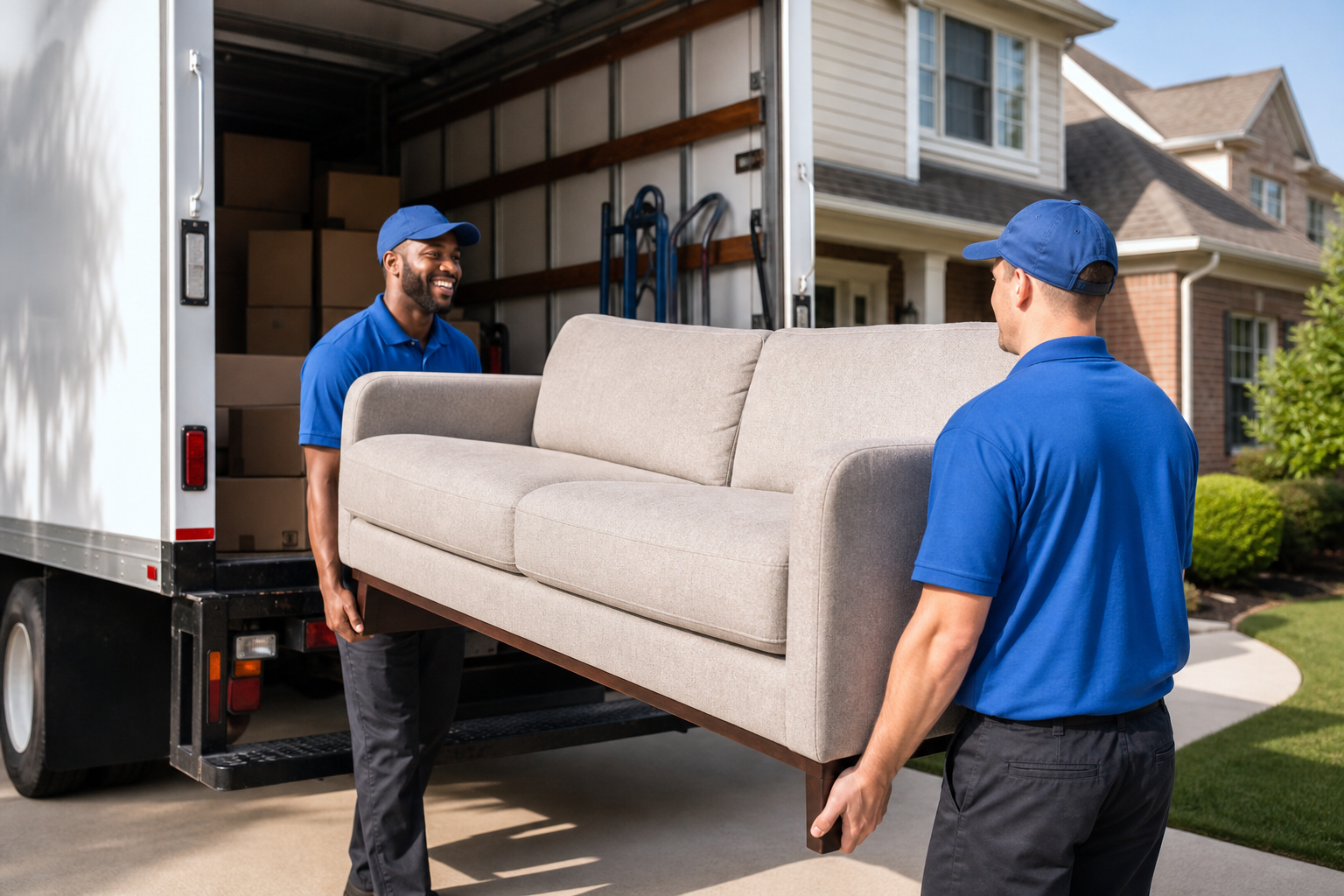 Movers loading furniture into a moving truck outside a suburban home