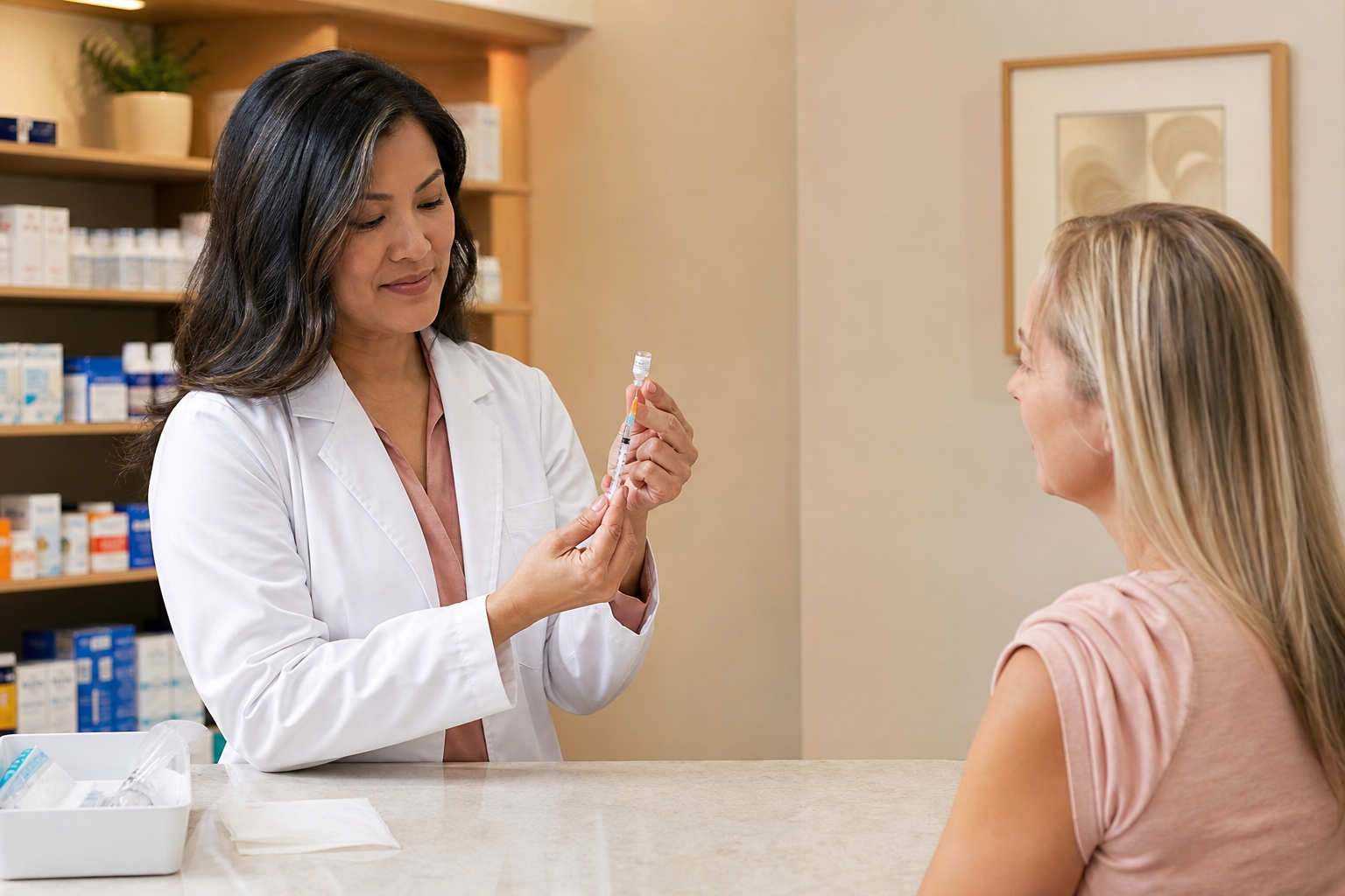 Pharmacist administering a flu vaccination to a patient