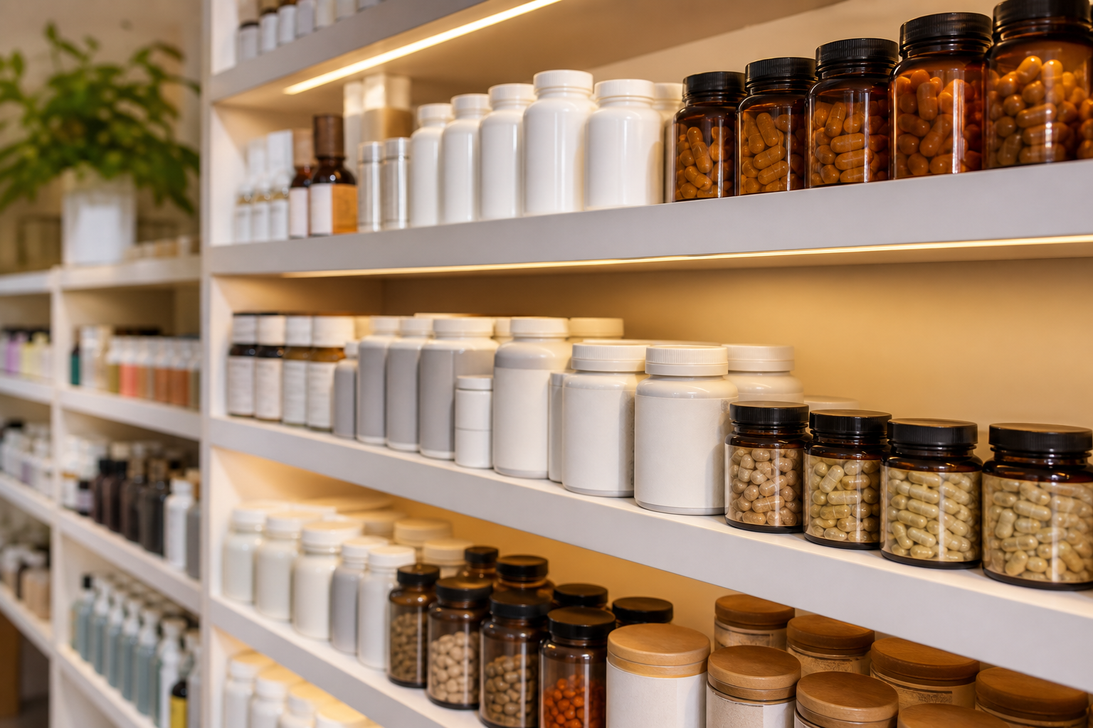 Organized wellness product shelf in a modern pharmacy