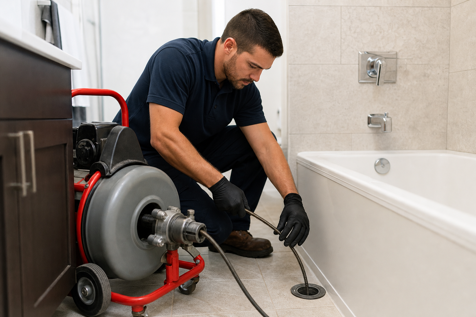 Plumber performing professional drain cleaning in a residential bathroom