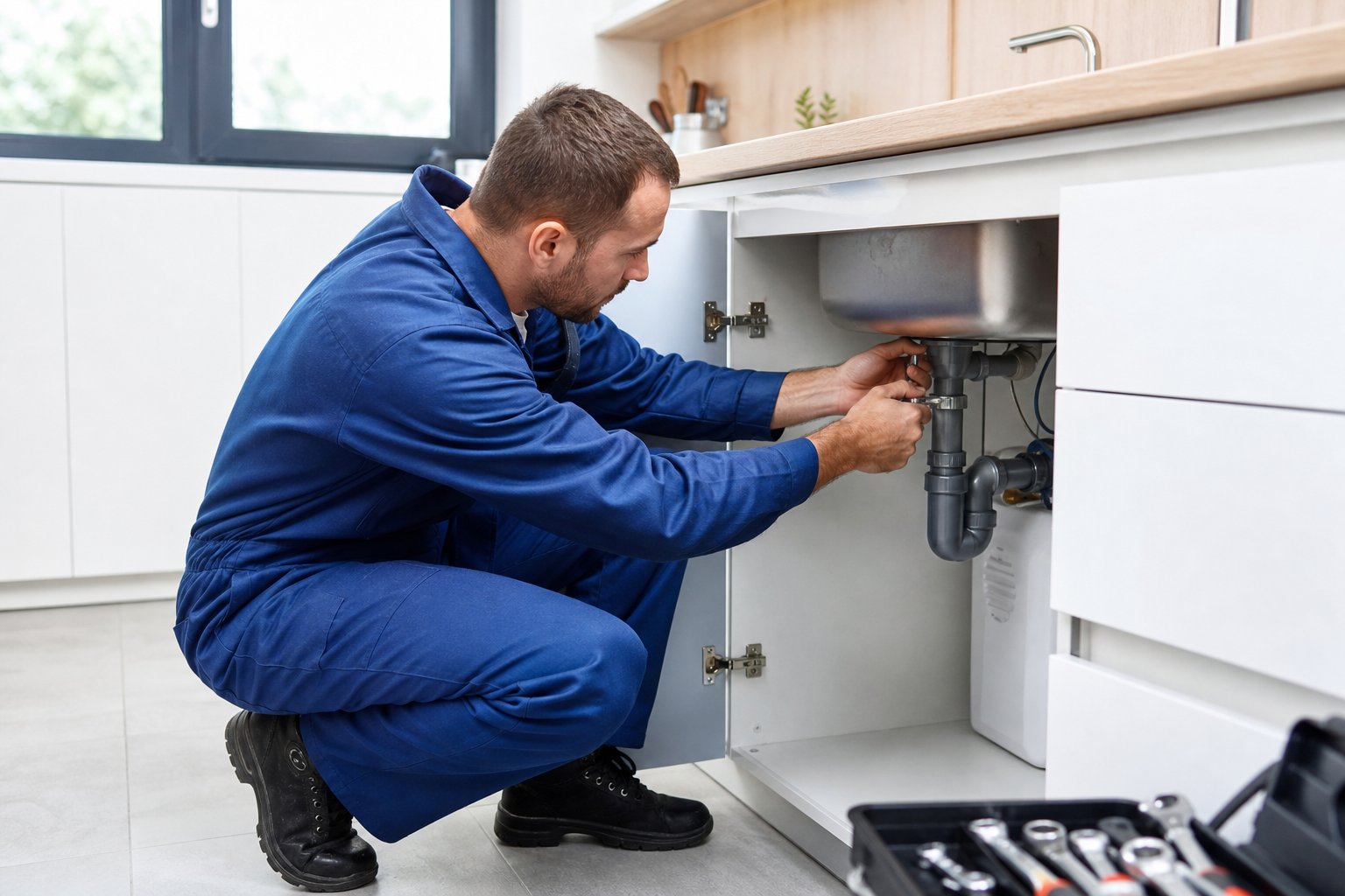 Plumber repairing pipes under a kitchen sink in a modern home
