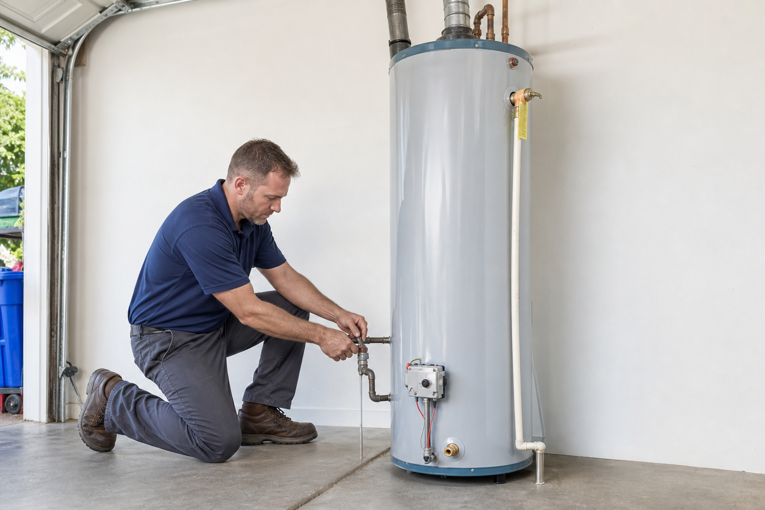 Plumber installing a new water heater in a residential garage