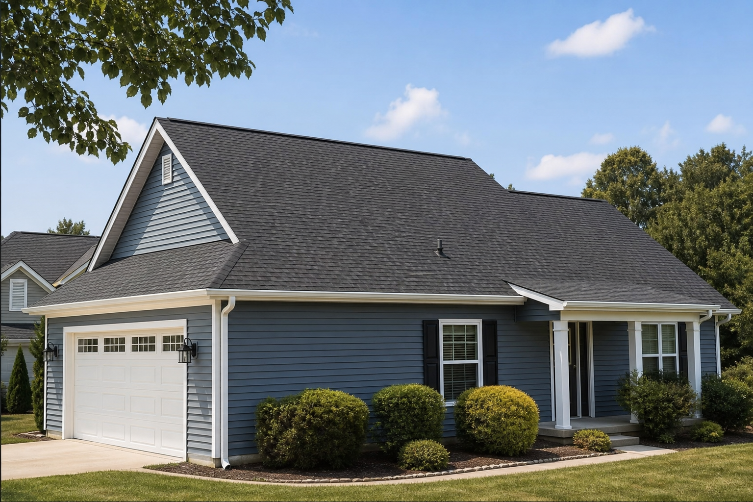 Completed residential roof with new asphalt shingles