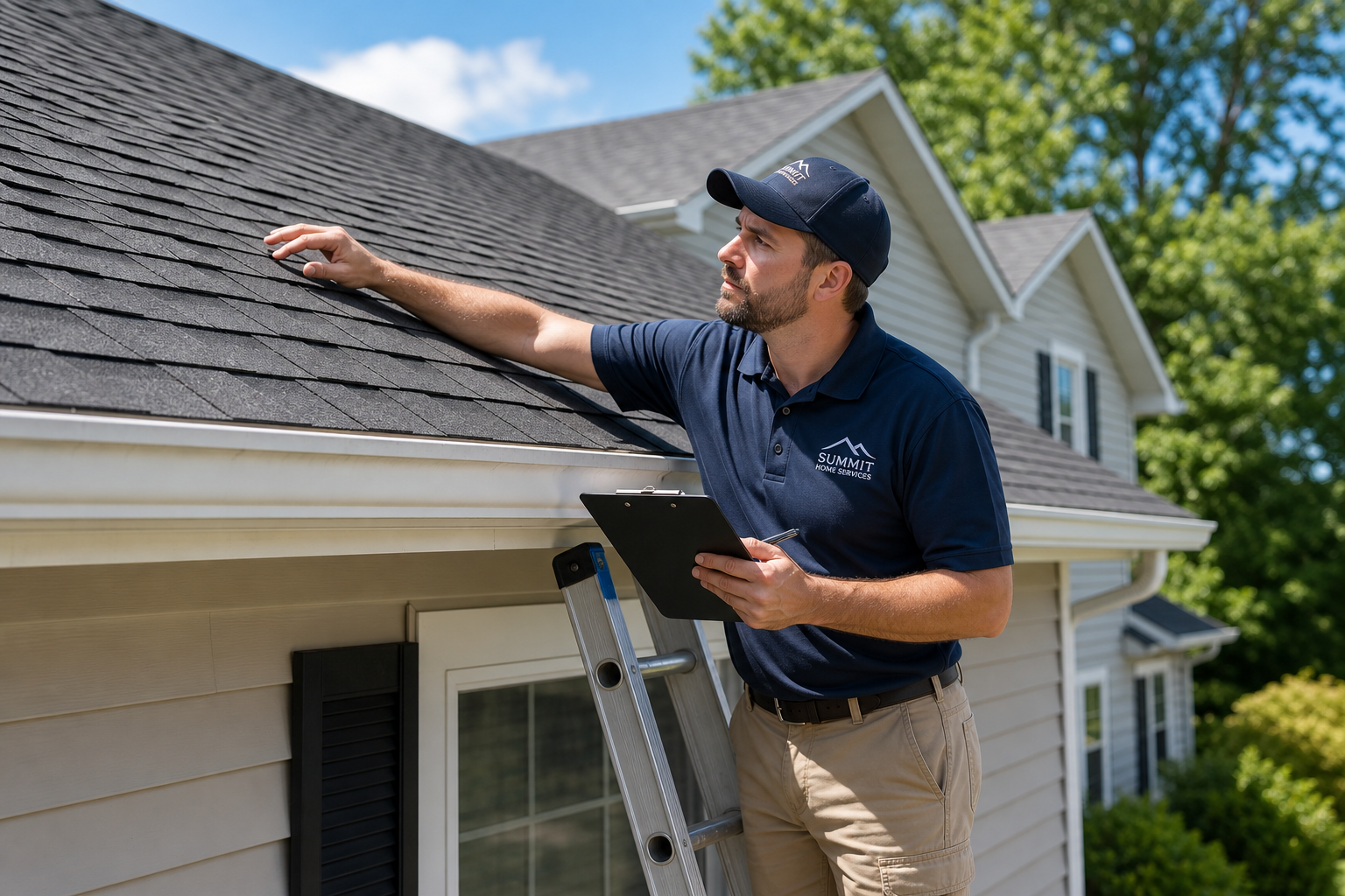 Roofing inspector examining a residential roof