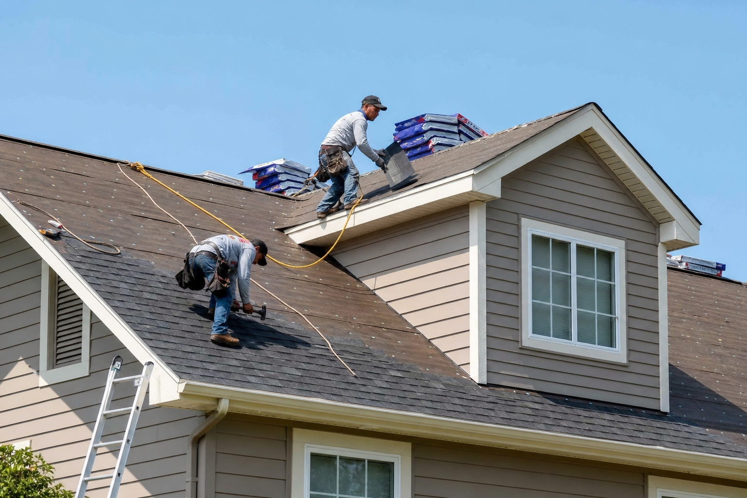 Roofers installing new asphalt shingles on a suburban home