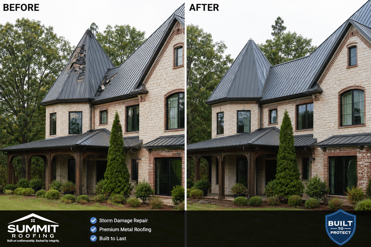 Storm damage roof repair with new metal roofing section