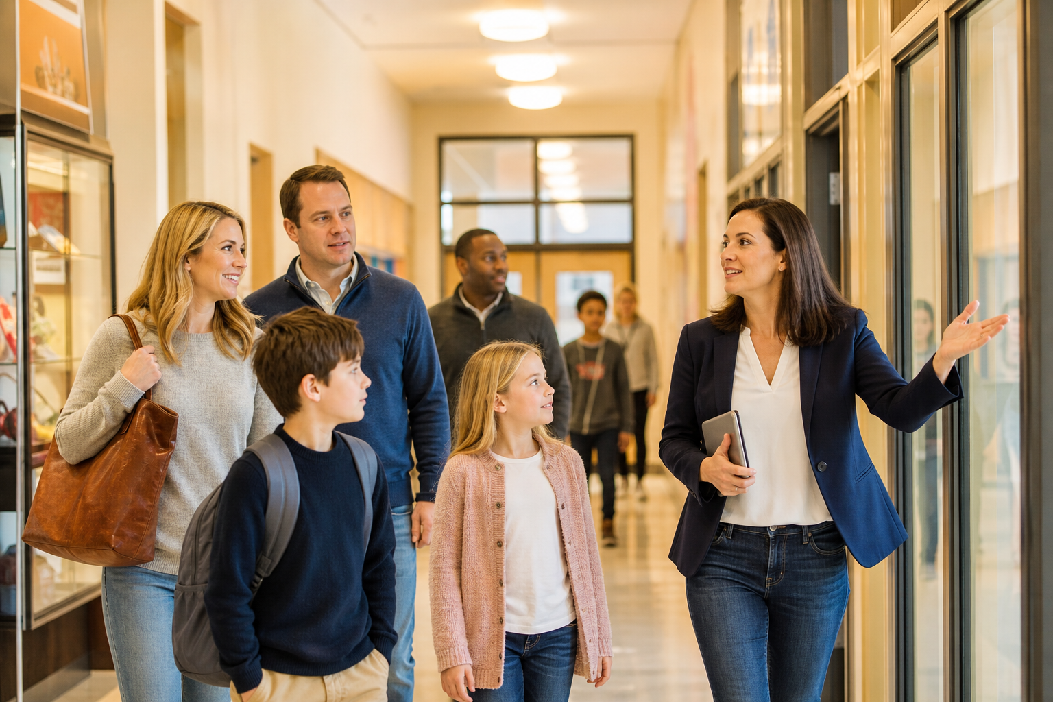Families touring a school campus during an open house event