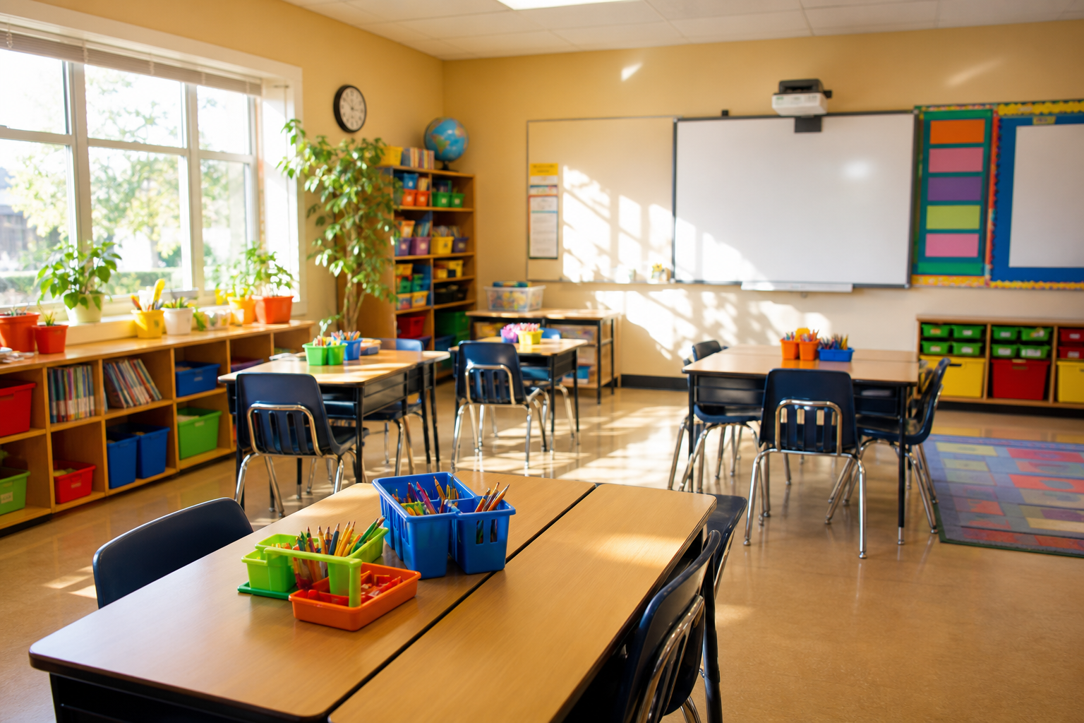 Students collaborating in a bright, modern classroom