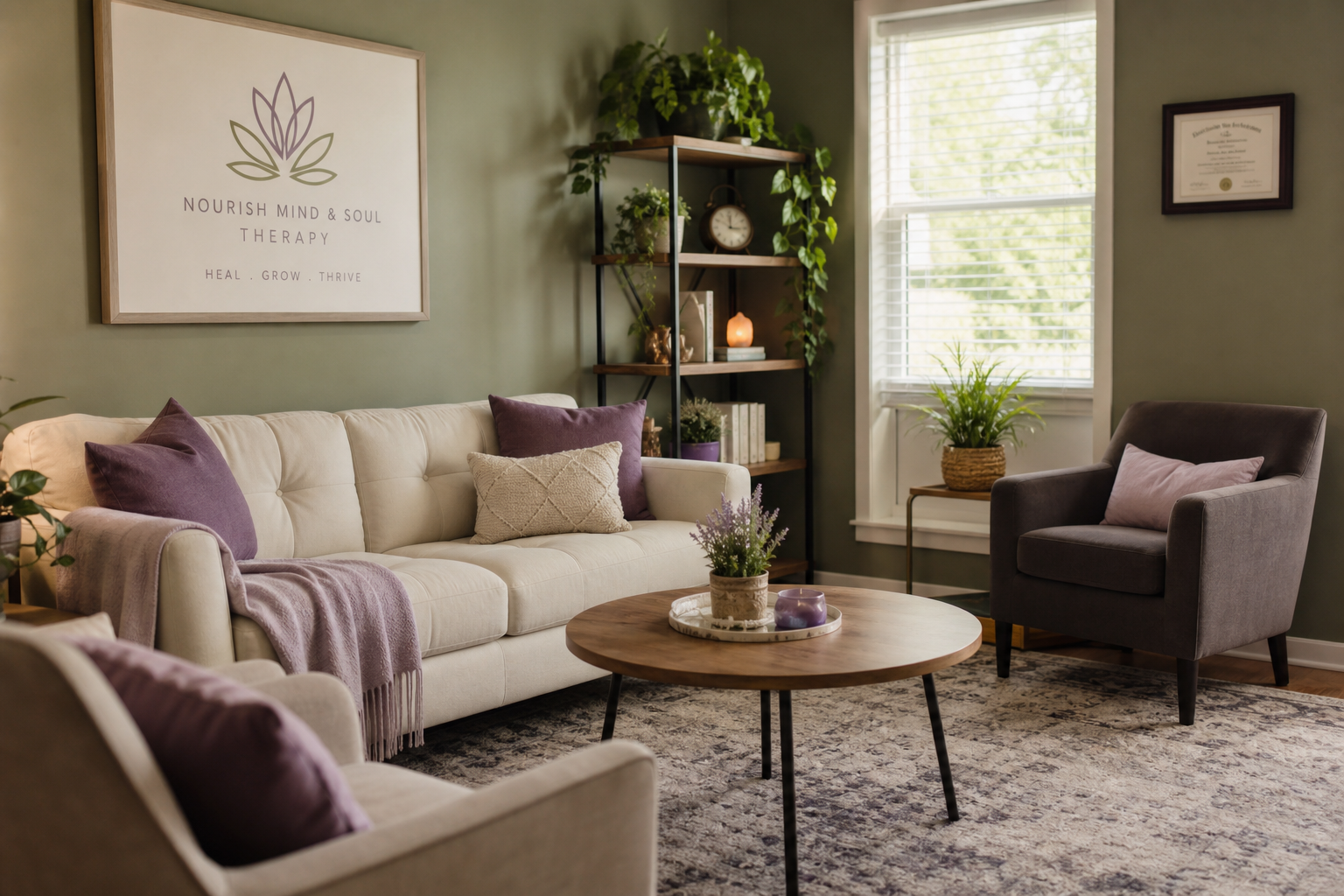 Calming therapy office interior with comfortable seating and plants